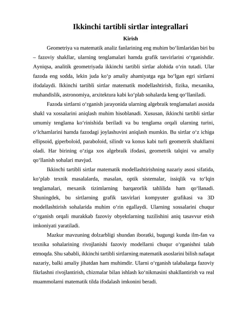Ikkinchi tartibli sirtlar integrallari 1