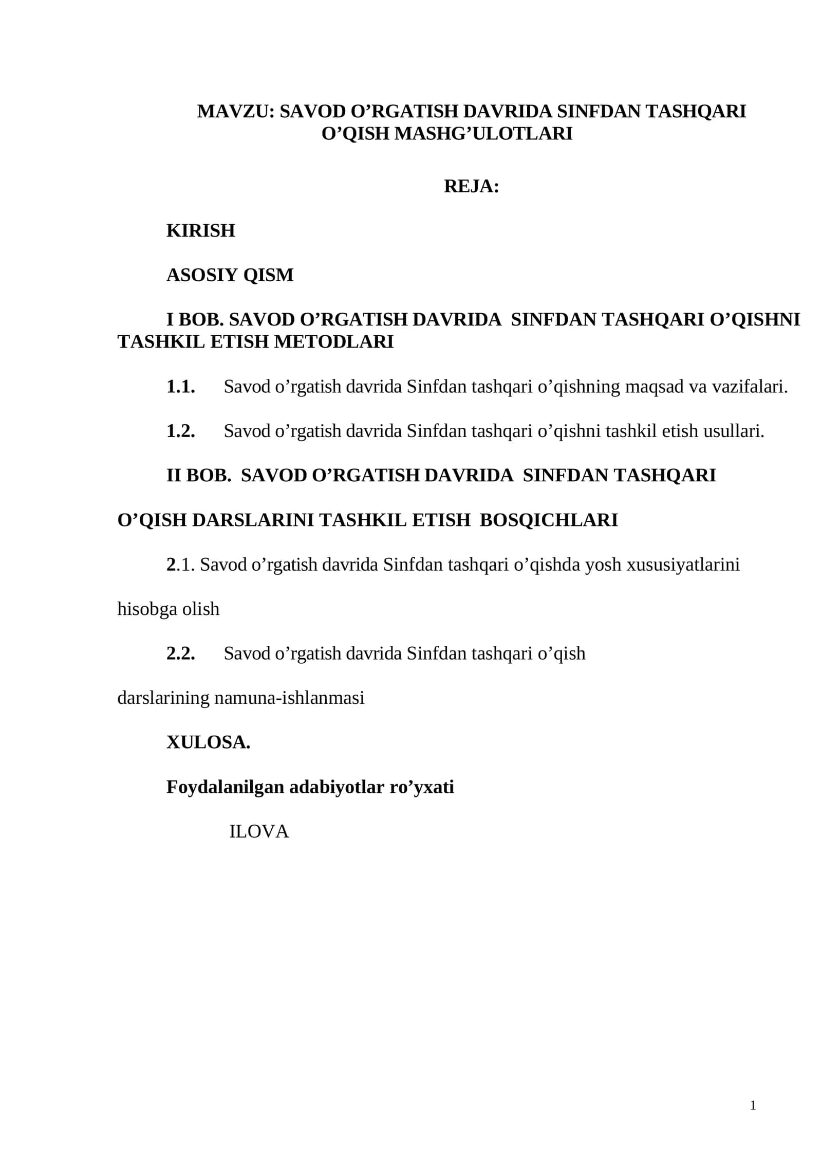 SAVOD O’RGATISH DAVRIDA SINFDAN TASHQARI O’QISH MASHG’ULOTLARI 1