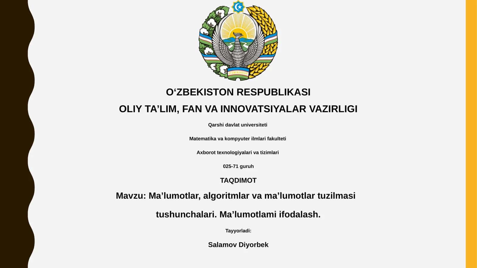 Ma’lumotlar, algoritmlar va ma’lumotlar tuzilmasi 1