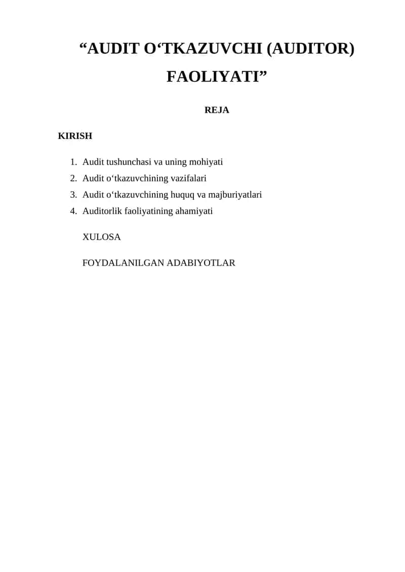 Audit O‘tkazuvchi (Auditor) Faoliyati 1