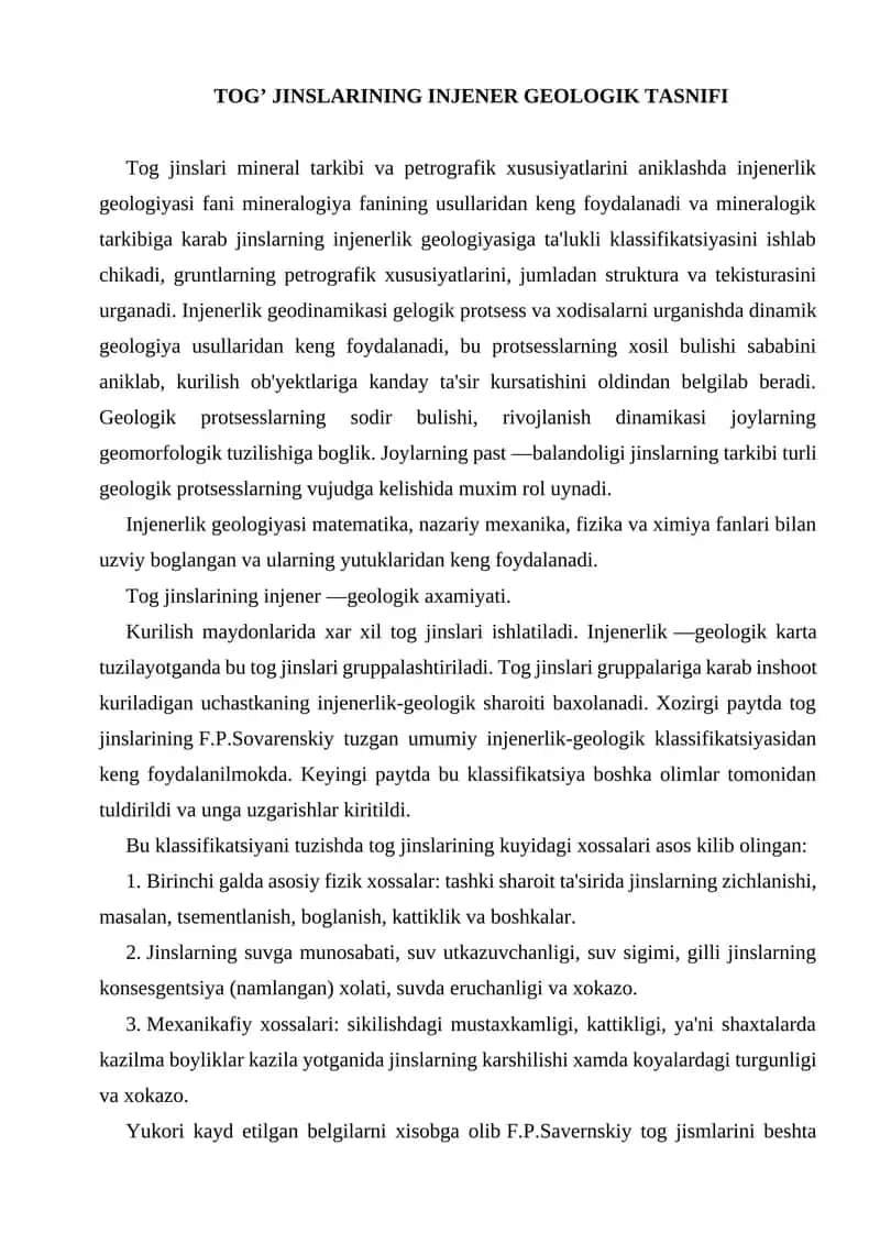 TOG’ JINSLARINING INJENER GEOLOGIK TASNIFI 1
