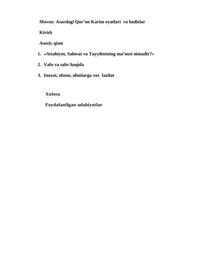 Asardagi Qur’on Karim oyatlari va hadislar