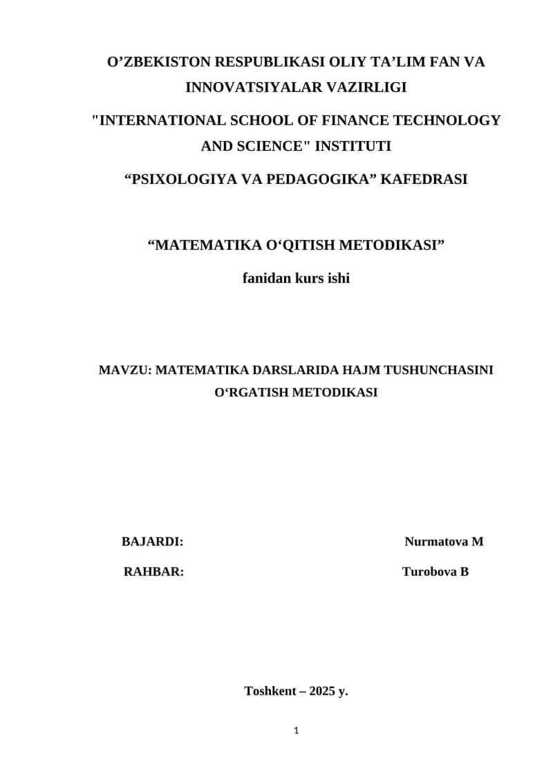 MATEMATIKA DARSLARIDA HAJM TUSHUNCHASINI O‘RGATISH METODIKASI 1