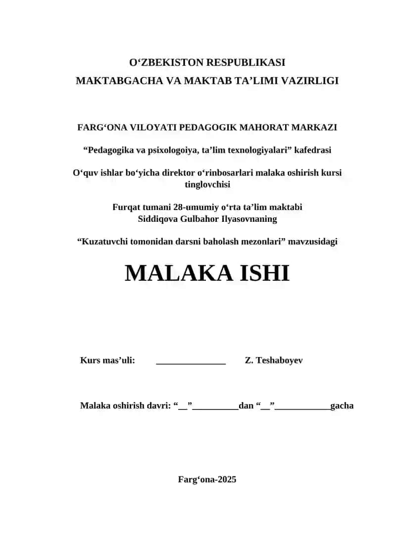 Kuzatuvchi tomonidan darsni baholash mezonlari