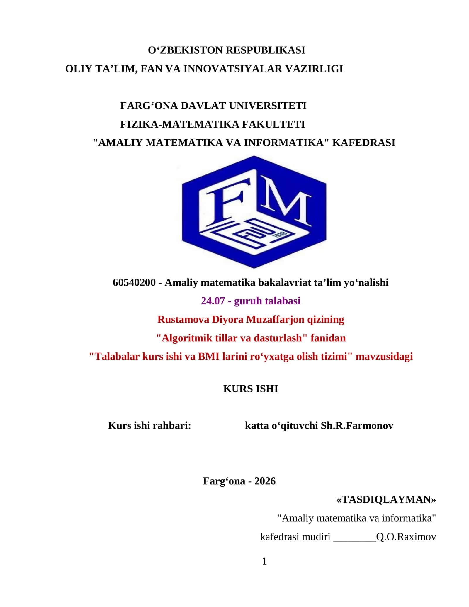 Talabalar kurs ishi va BMI larini ro‘yxatga olish tizimi 1