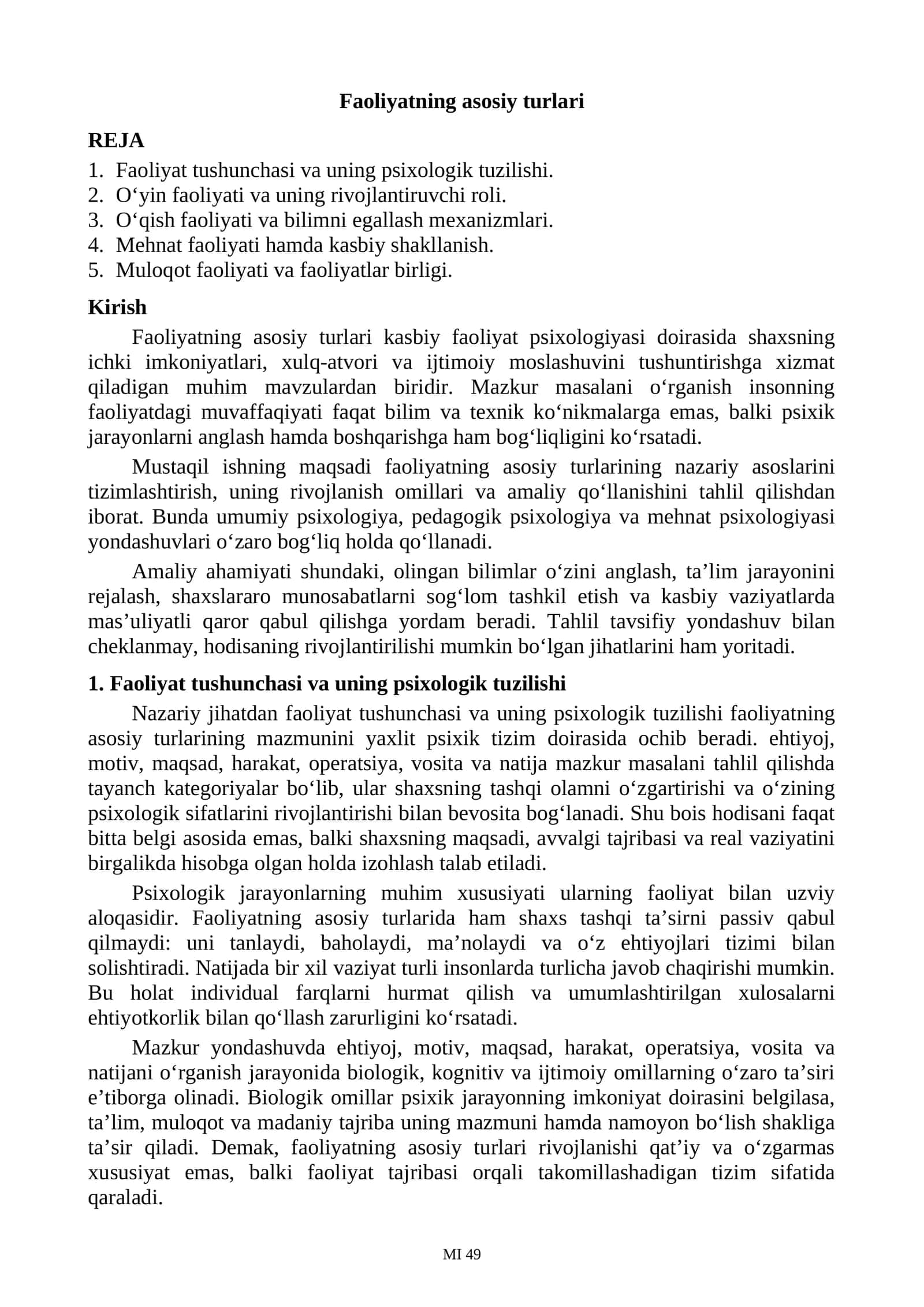 Faoliyatning asosiy turlari 1