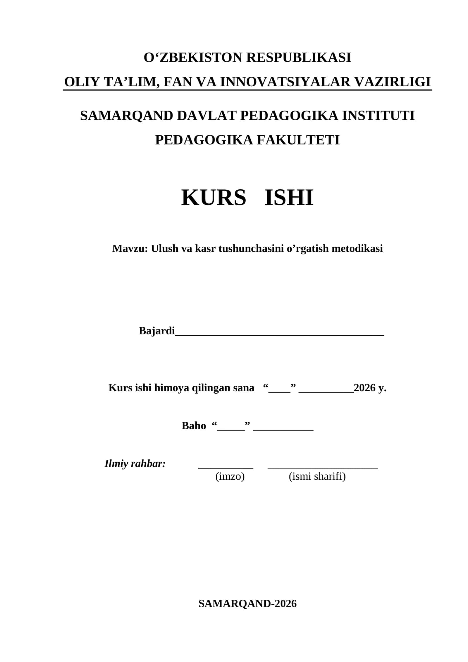 Ulush va kasr tushunchasini o’rgatish metodikasi kurs ishi 1
