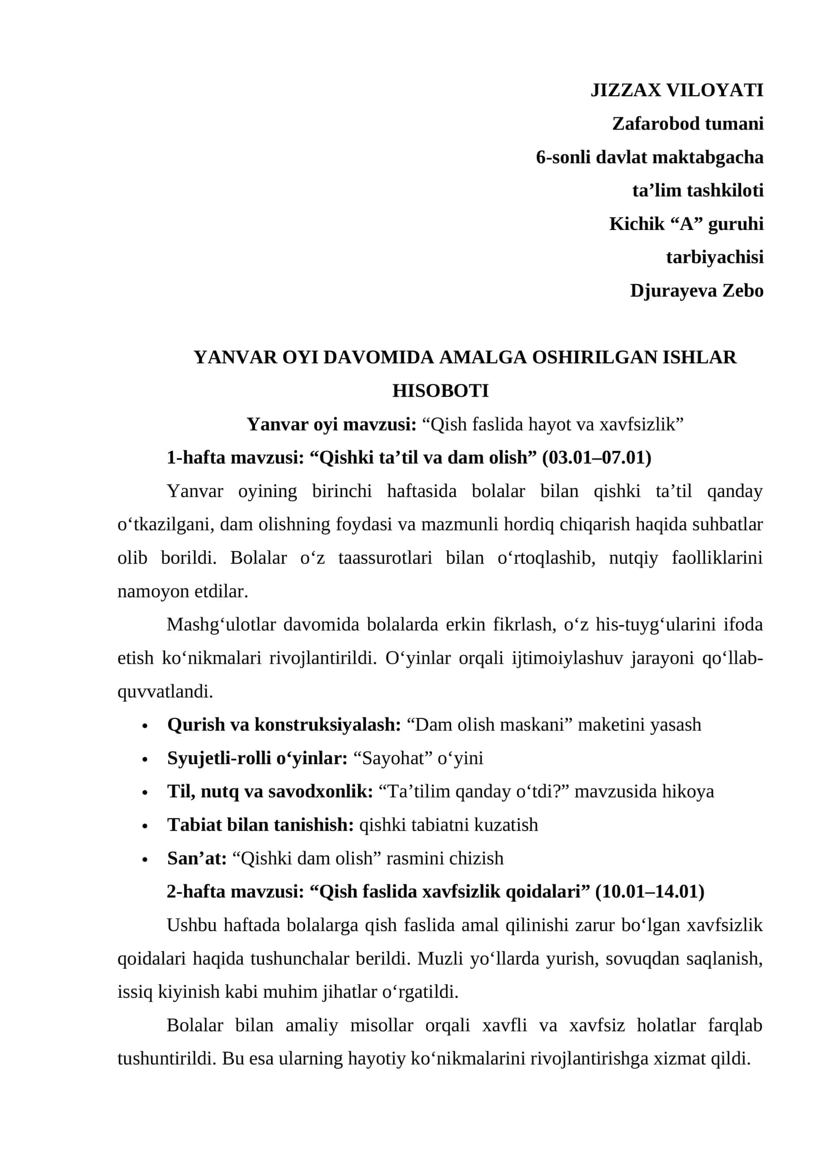 Maktabgacha ta'lim tarbiyachilari uchun Yanvar hisoboti 1