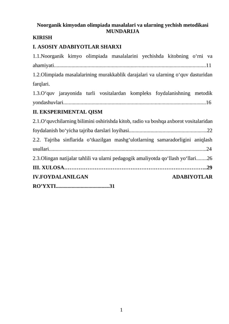 Noorganik kimyodan olimpiada masalalari va ularning yechish metodikasi 1