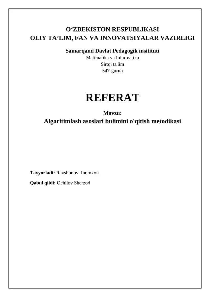 Algaritimlash asoslari bulimini o'qitish metodikasi 1