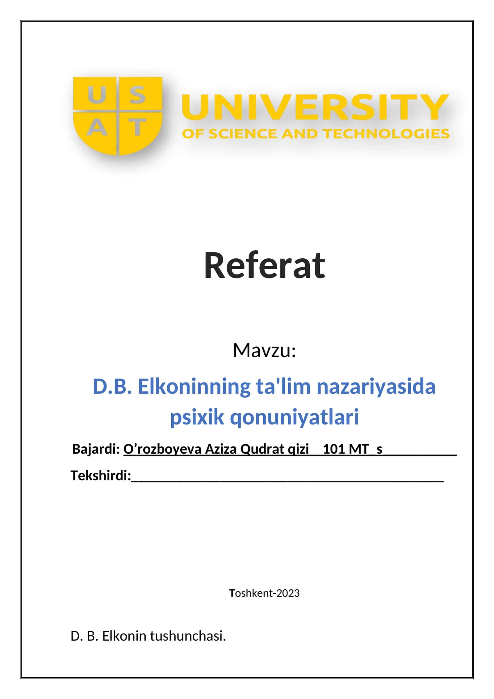 D.B. Elkoninning ta'lim nazariyasida psixik qonuniyatlari 1