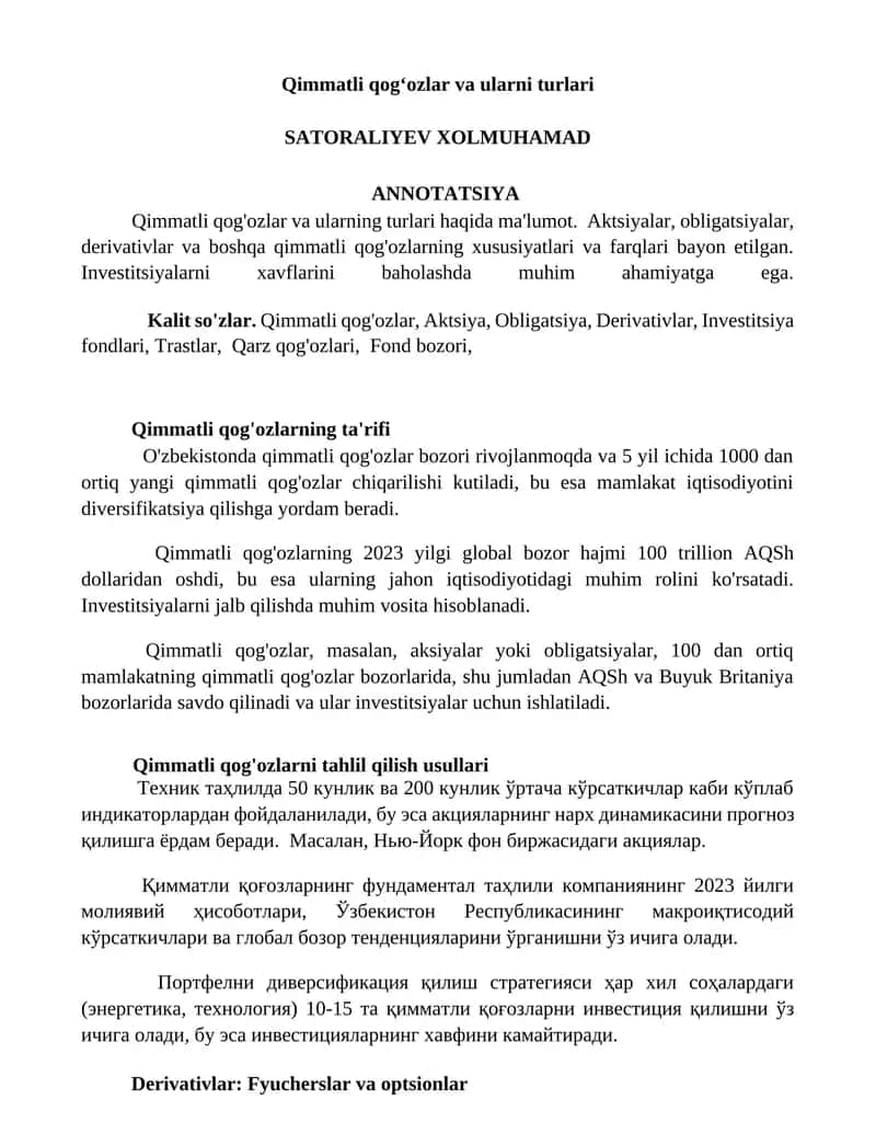 Qimmatli qog’ozlar va ularni turlari 1