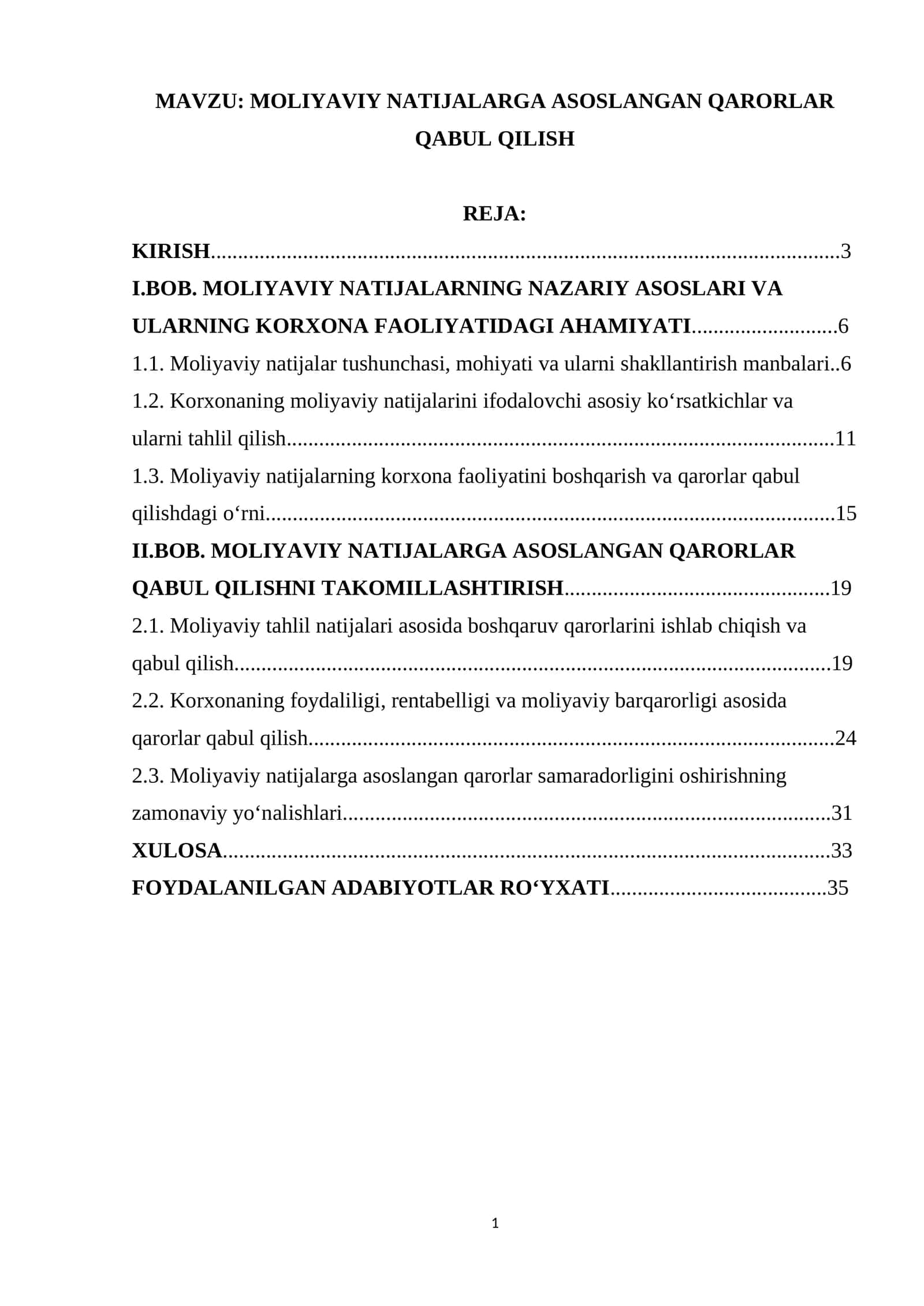 MOLIYAVIY NATIJALARGA ASOSLANGAN QARORLAR QABUL QILISH 1