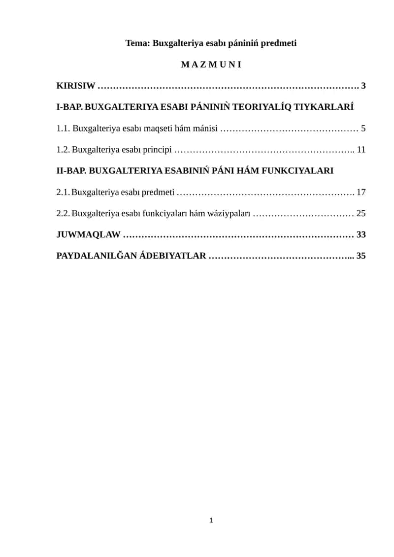 Buxgalteriya esabı pániniń predmeti 1