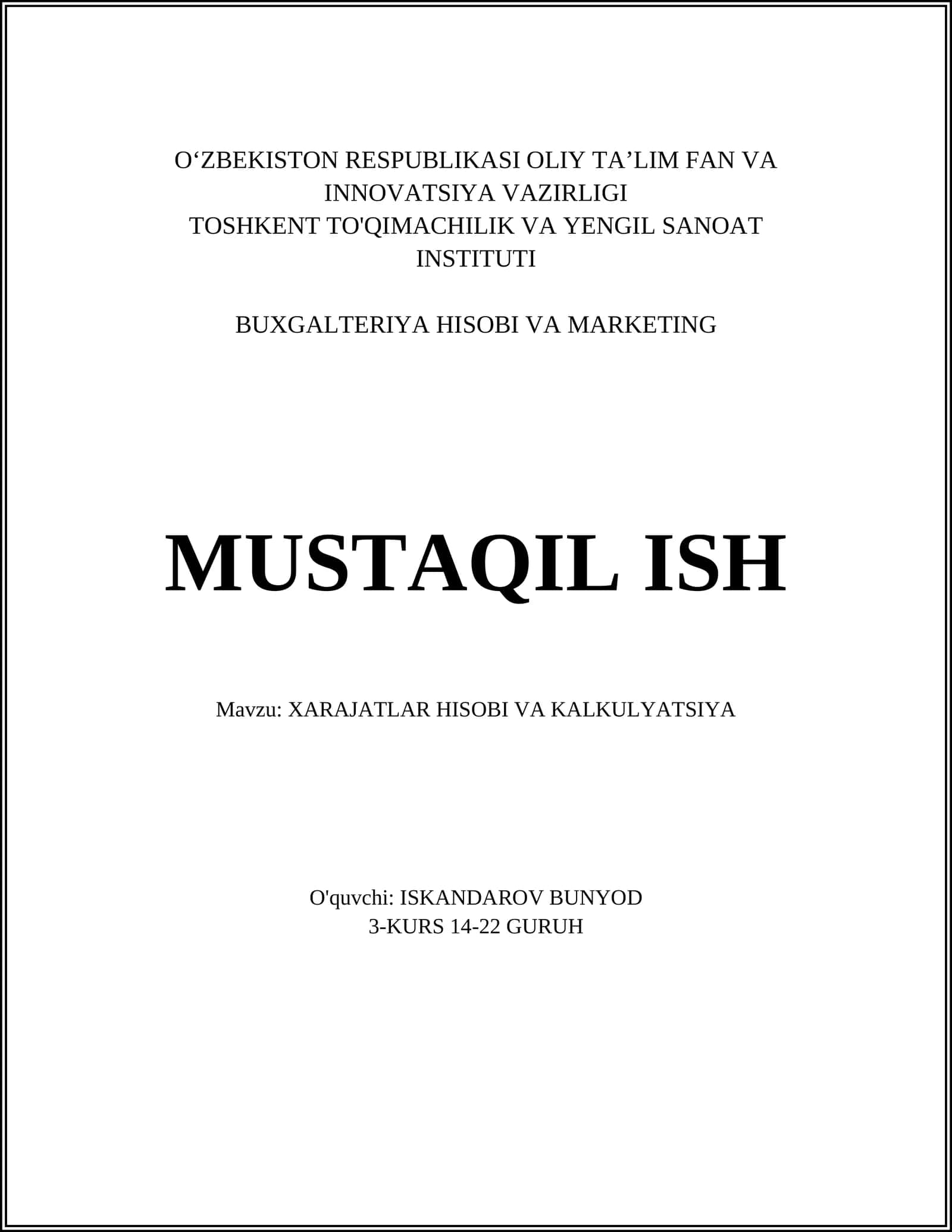 XARAJATLAR HISOBI VA KALKULYATSIYA 1