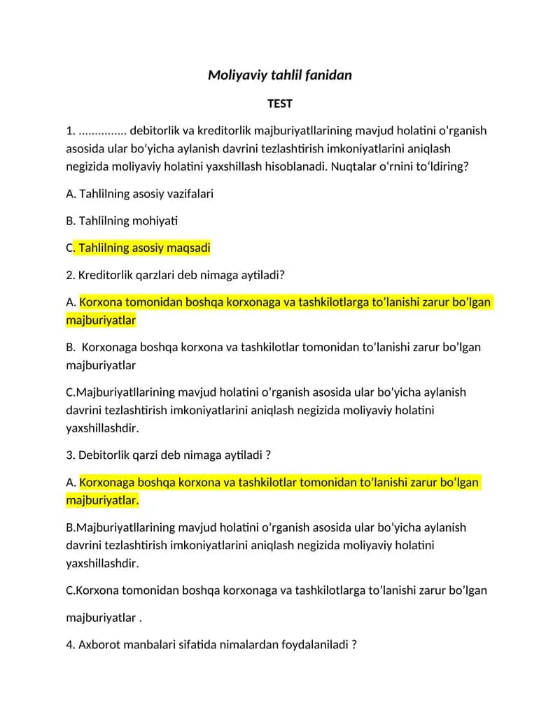 Moliyaviy tahlil test 1