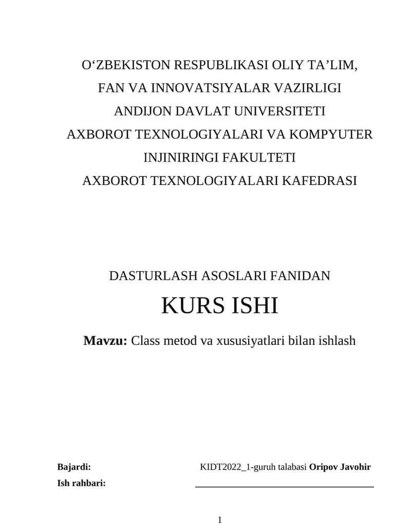 Class metod va xususiyatlari bilan ishlash 1