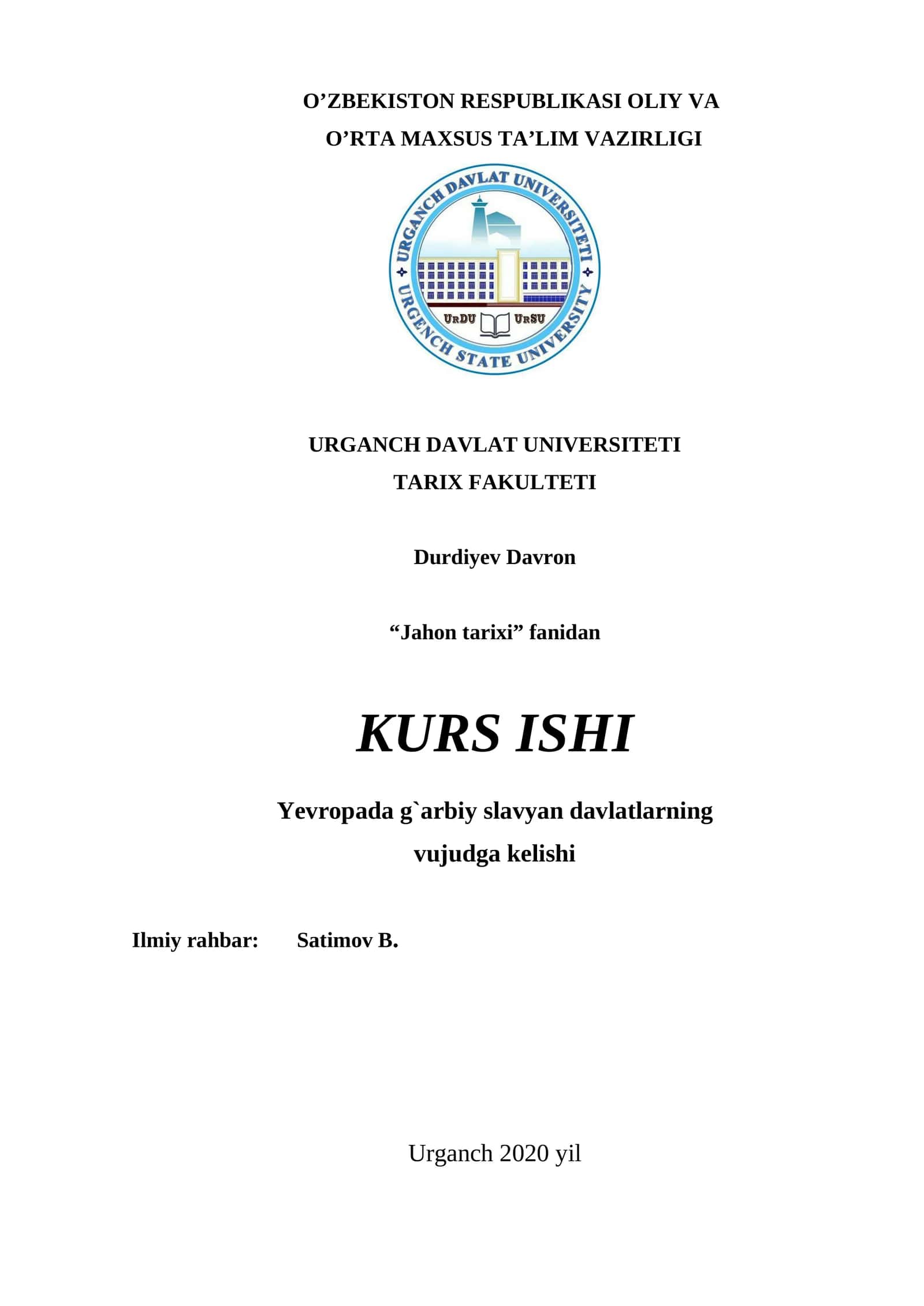 Jahon tarixi fanidan kurs ishi 1