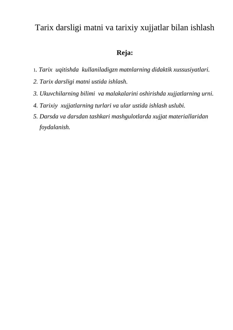 Tarix Darsligi Matni va Tarixiy Xujjatlar bilan ishlash 1