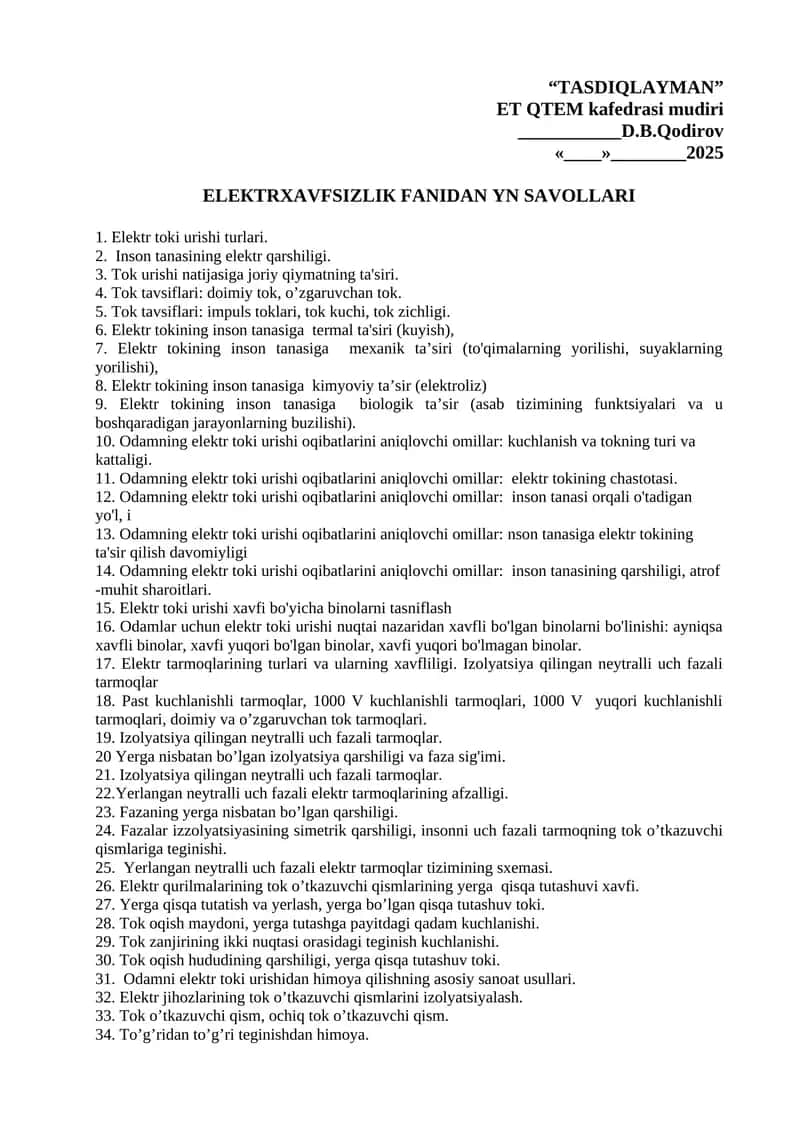ELEКTRХA VFSIZLIК FАNIDАN YN SАVОLLАRI 1