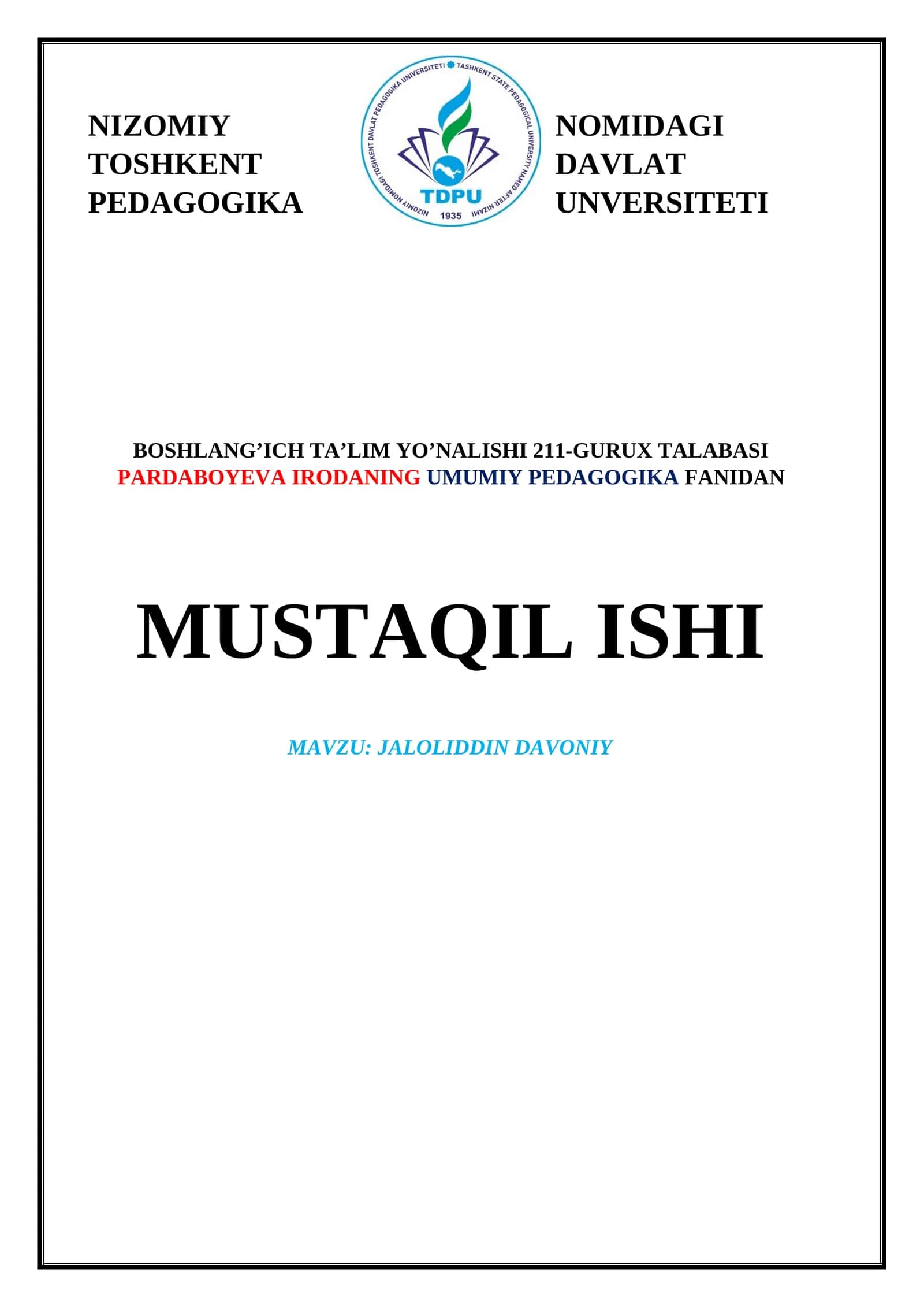 MUSTAQIL ISHI MAVZU: JALOLIDDIN DAVONIY 1