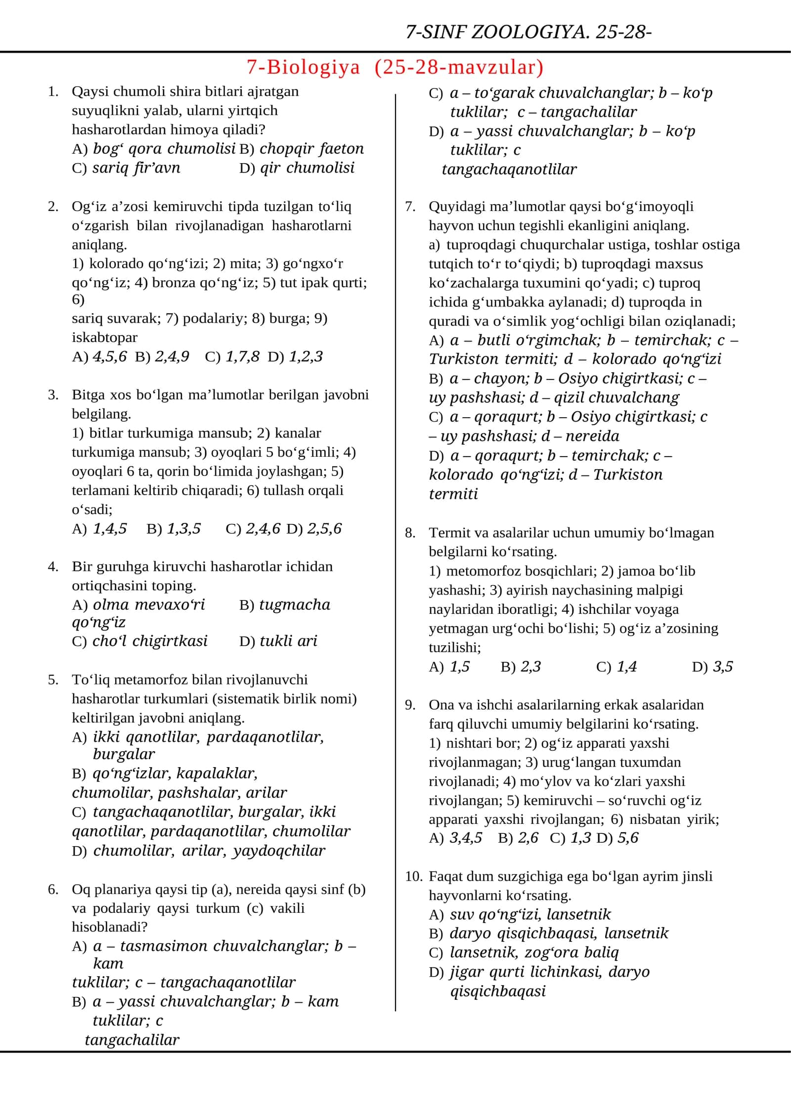 7-SINF ZOOLOGIYA. 25-28-MAVZULAR 1