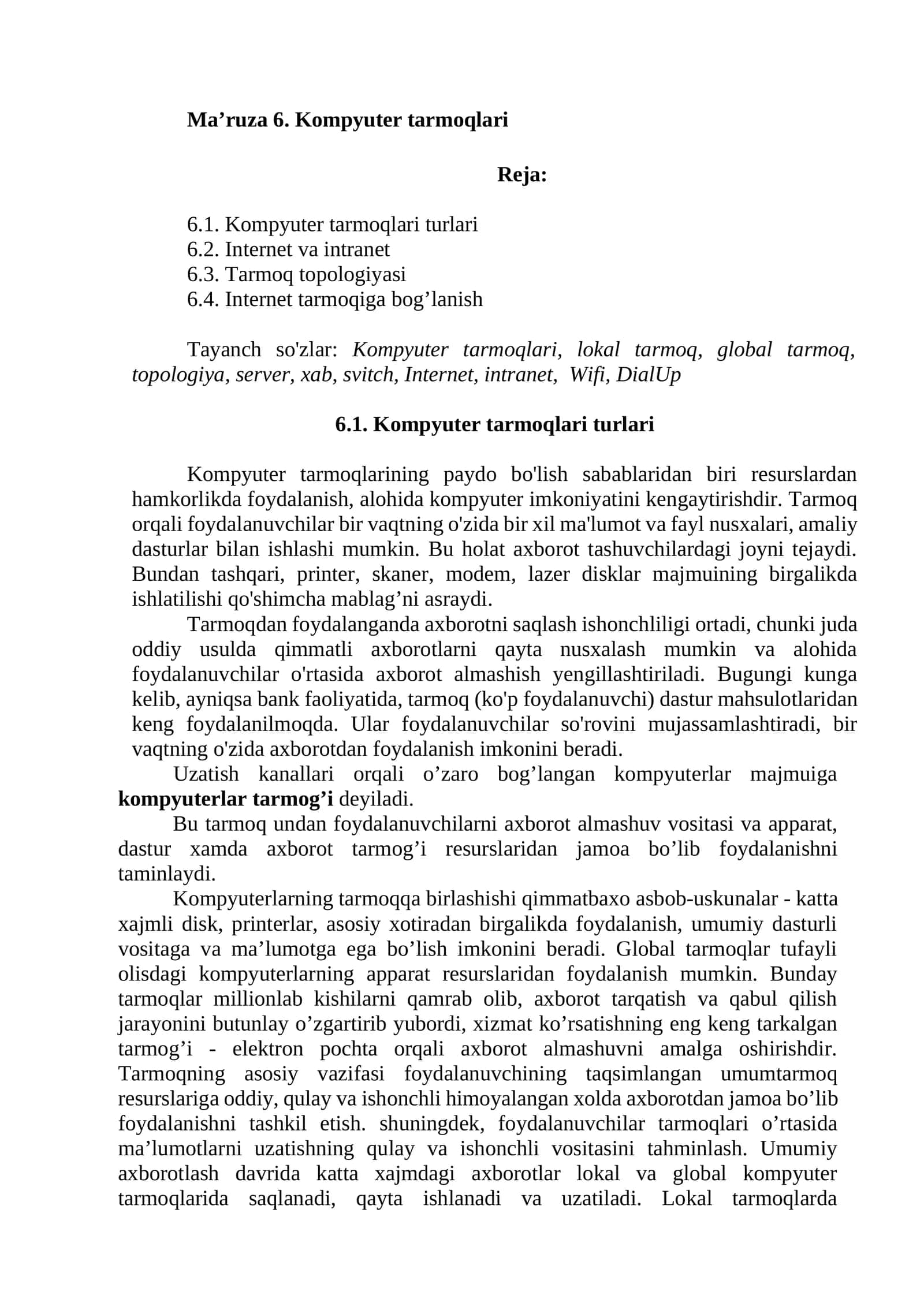 Ma’ruza 6. Kompyuter tarmoqlari 1
