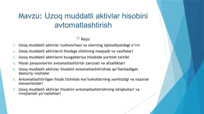 Uzoq muddatli aktivlar hisobini avtomatlashtirish – 10 slaydli taqdimot 1
