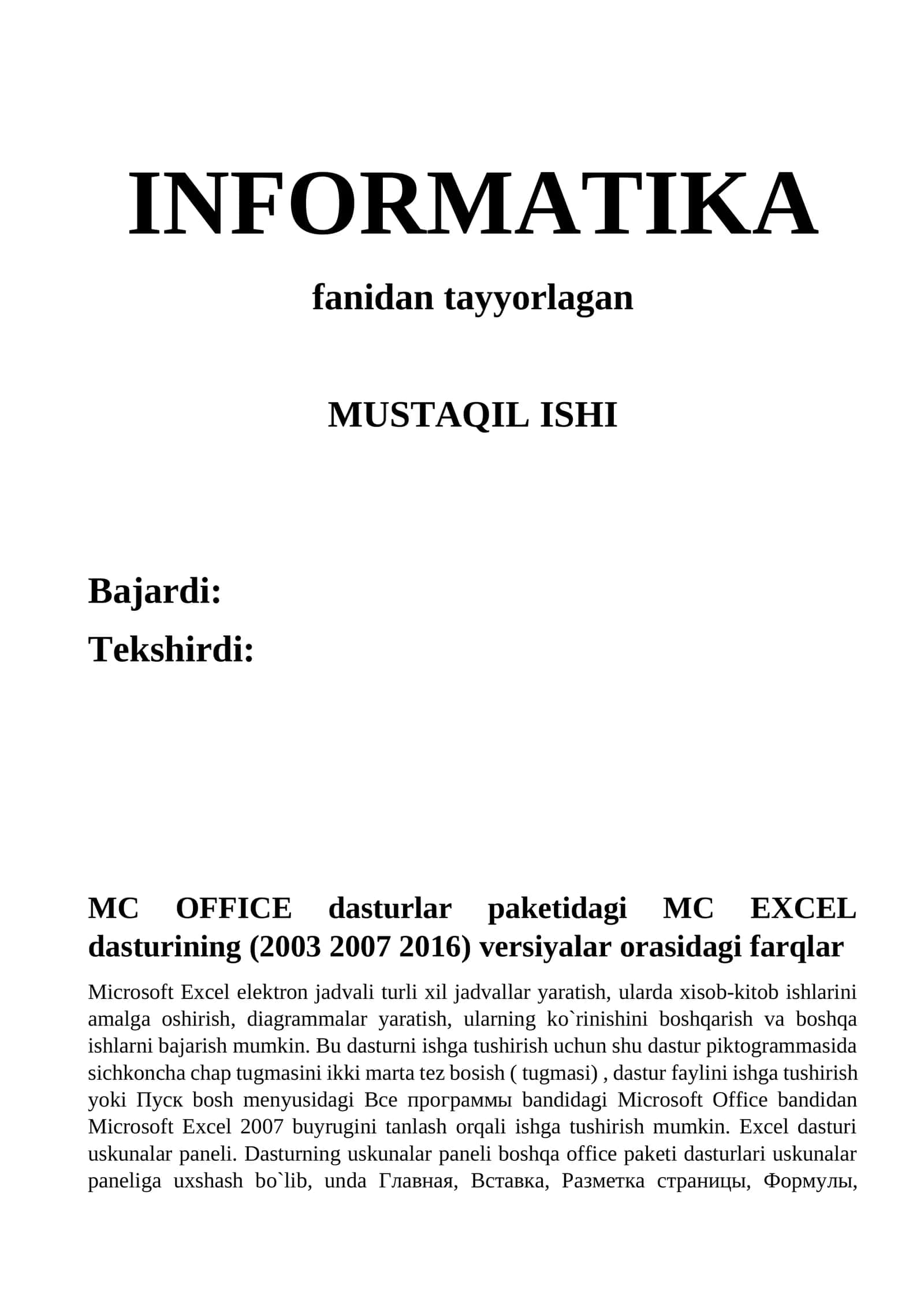 MC OFFICE dasturlar paketidagi MC EXCEL dasturining (2003 2007 2016) versiyalar orasidagi farqlar 1