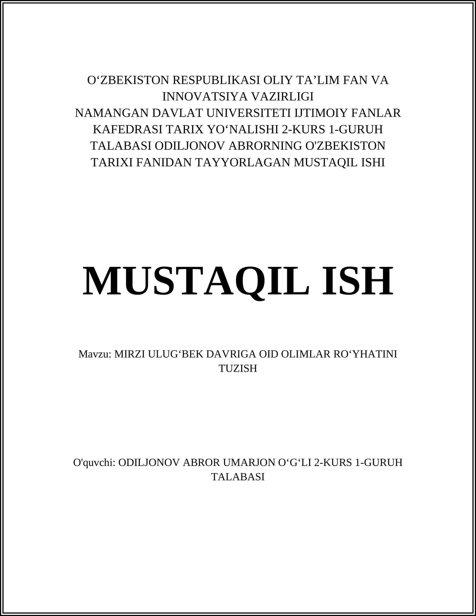 MIRZI ULUG‘BEK DAVRIGA OID OLIMLAR RO‘YHATINI TUZISH 1