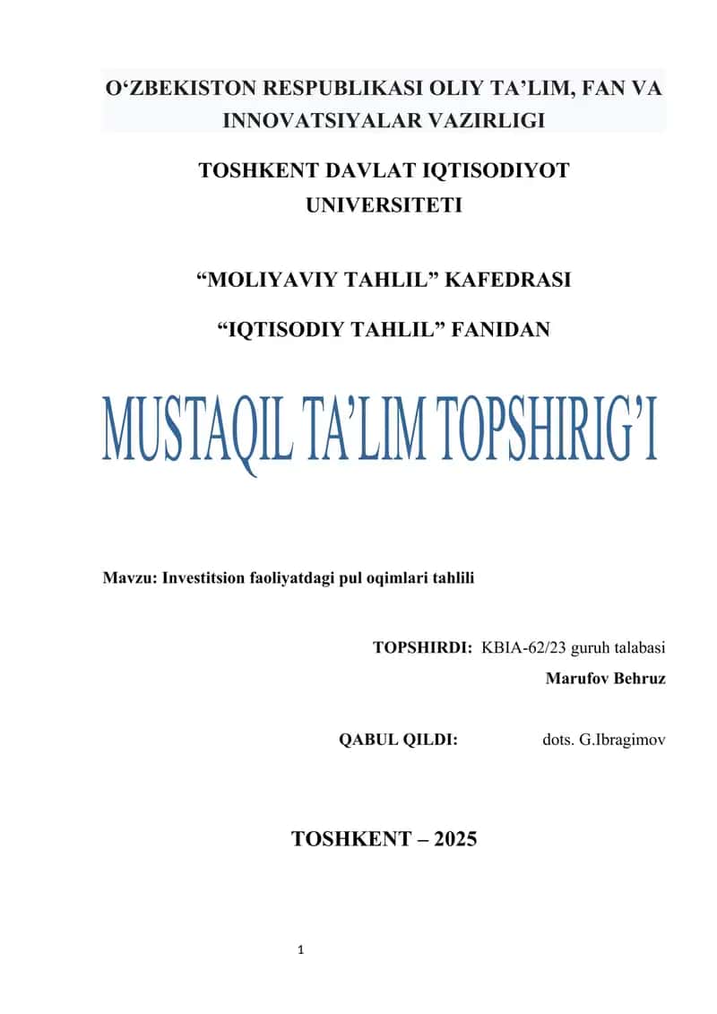 Investitsion faoliyatdagi pul oqimlari tahlili 1