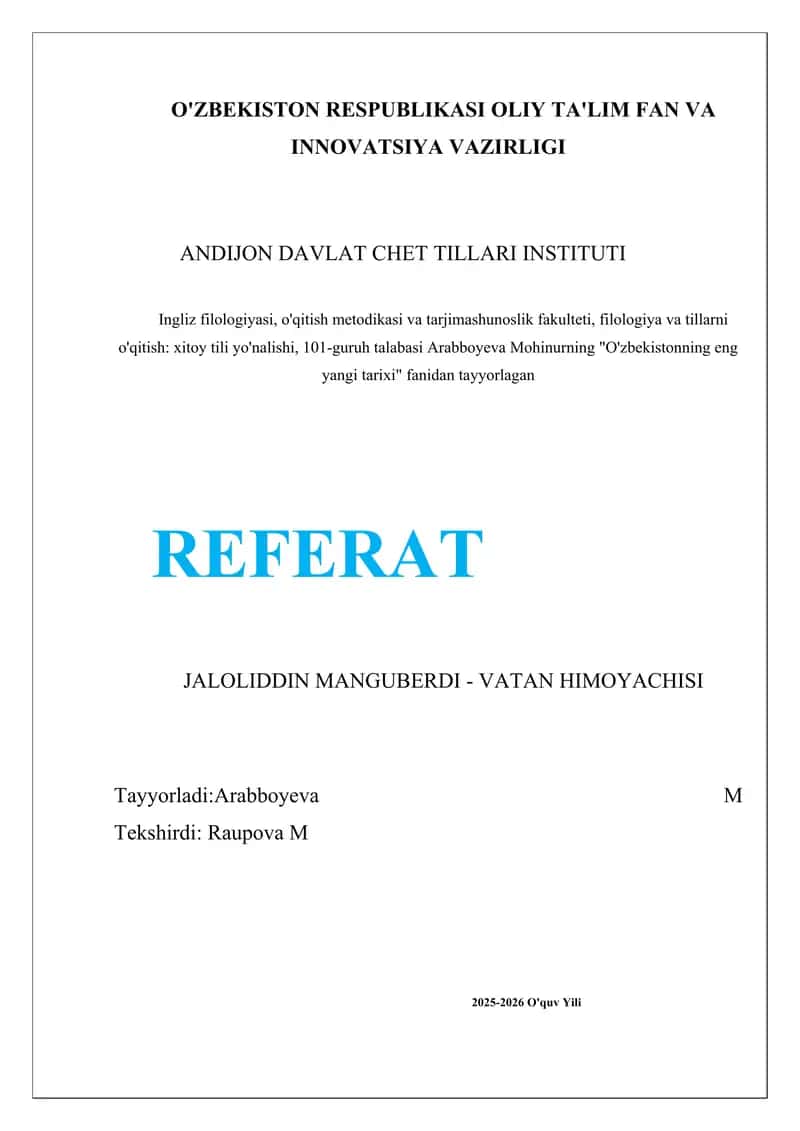 Referat Jaloliddin Manguberdi haqida 1