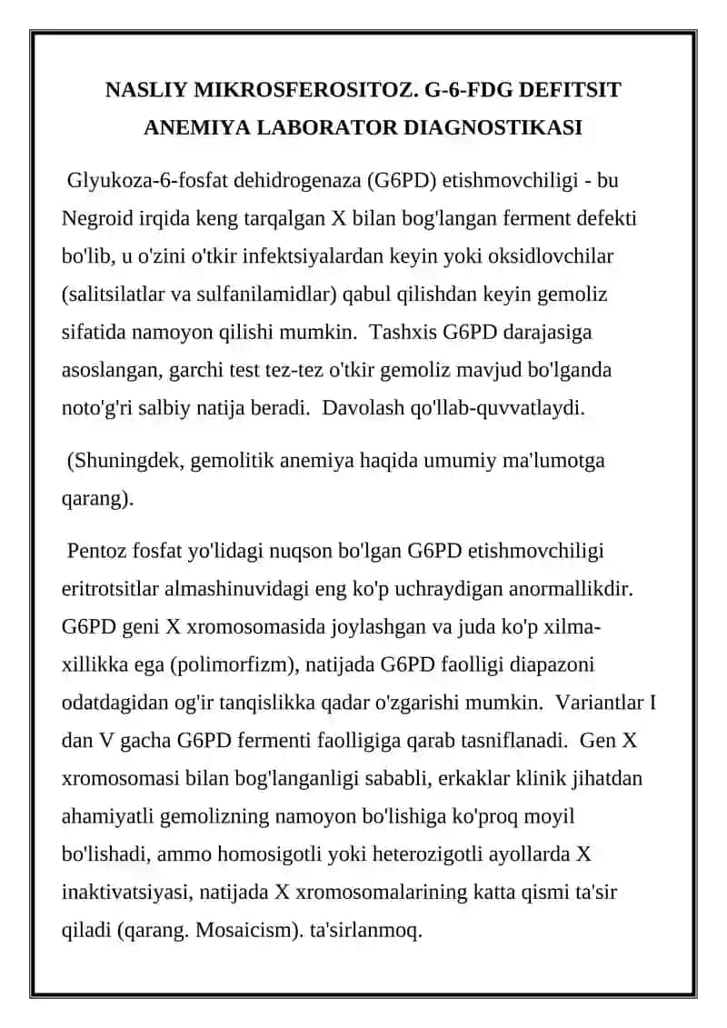 NASLIY MIKROSFEROSITOZ. G-6-FDG DEFITSIT ANEMIYA LABORATOR DIAGNOSTIKASI