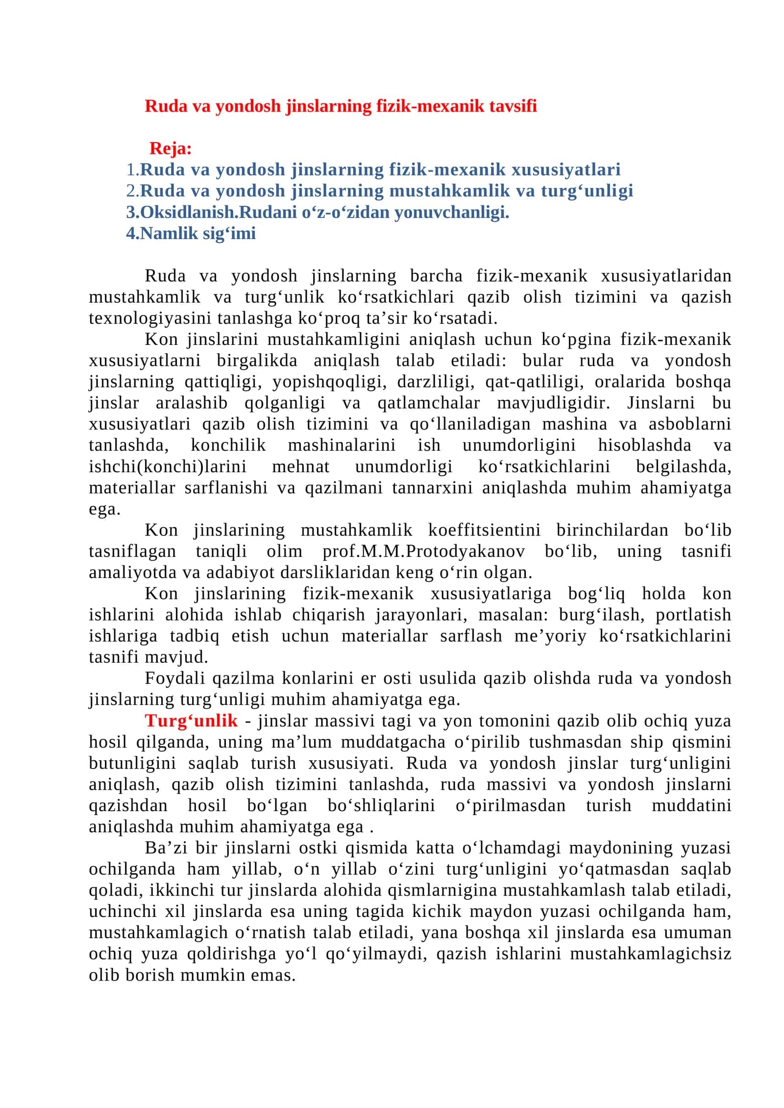 Ruda va yondosh jinslarning fizik-mexanik tavsifi 1