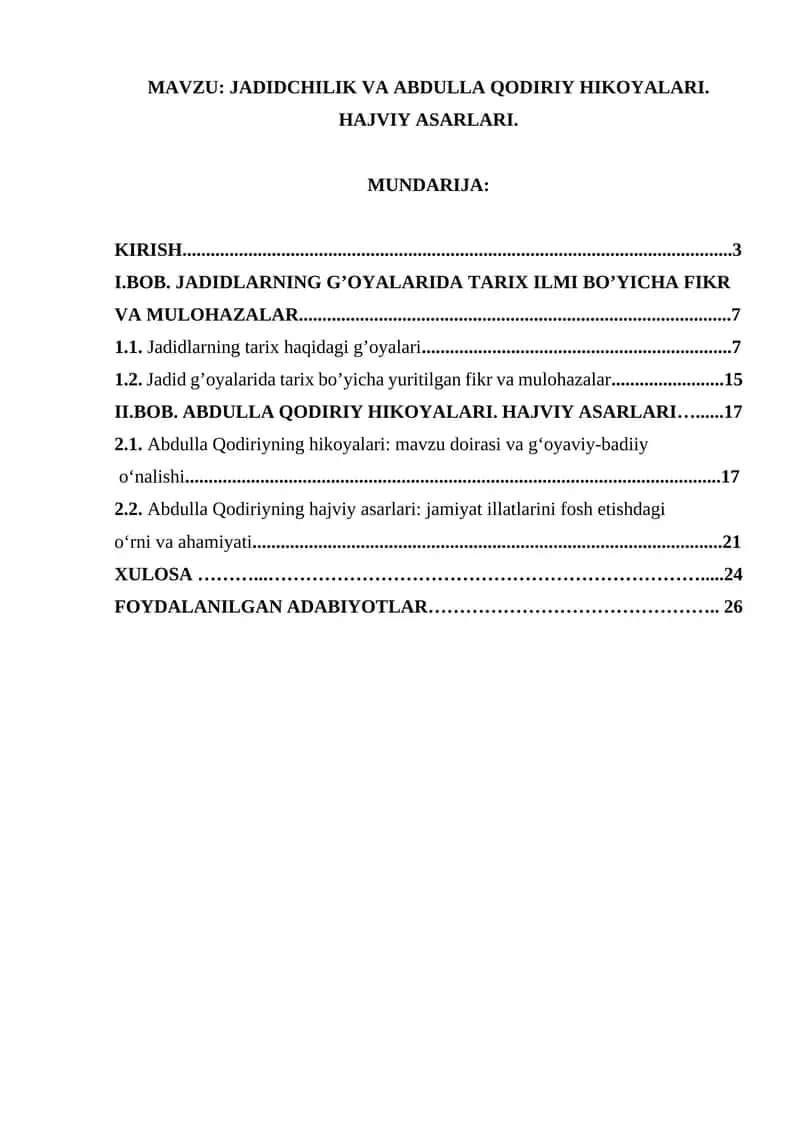 JADIDCHILIK VA ABDULLA QODIRIY HIKOYALARI. HAJVIY ASARLARI 1