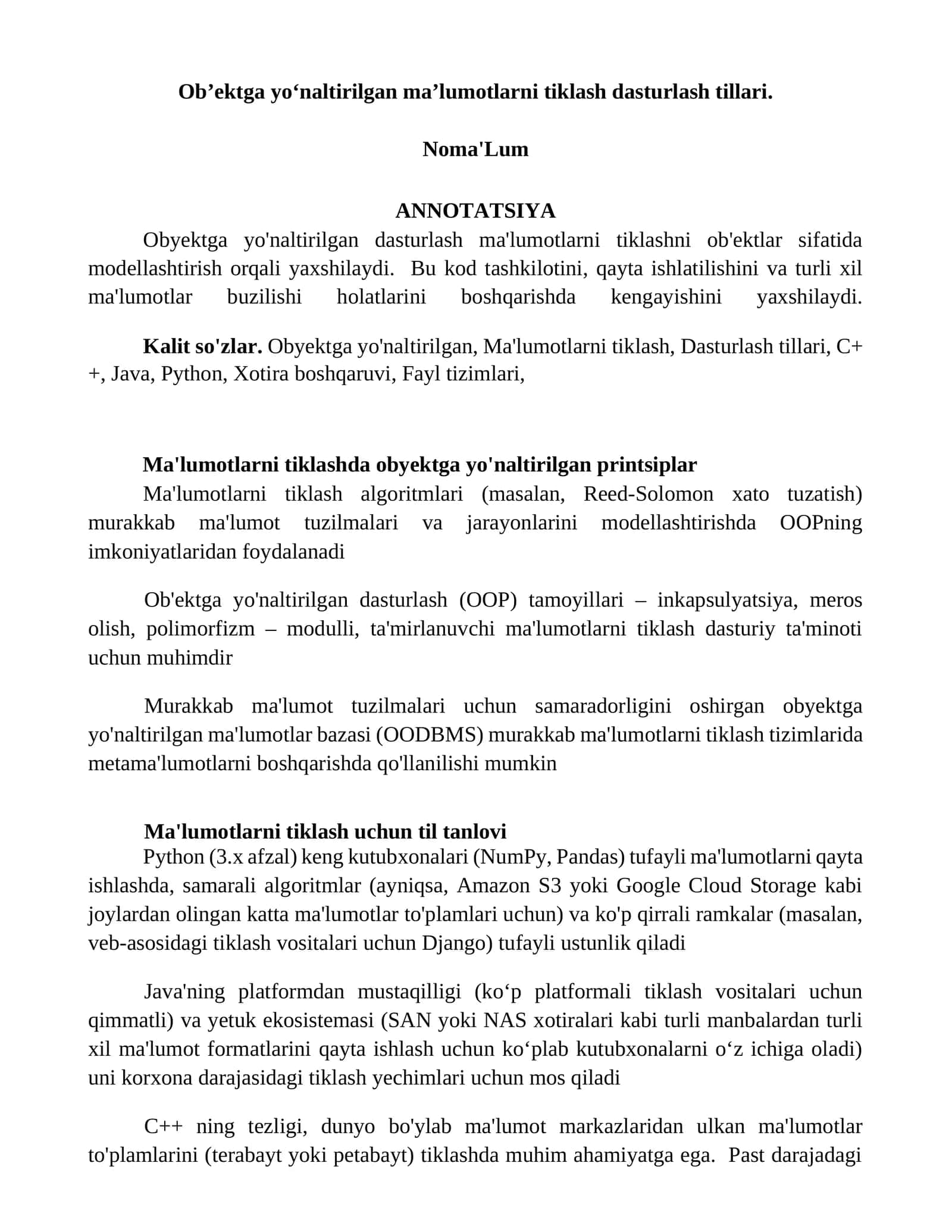 Ob’ektga yo‘naltirilgan ma’lumotlarni tiklash dasturlash tillari 1