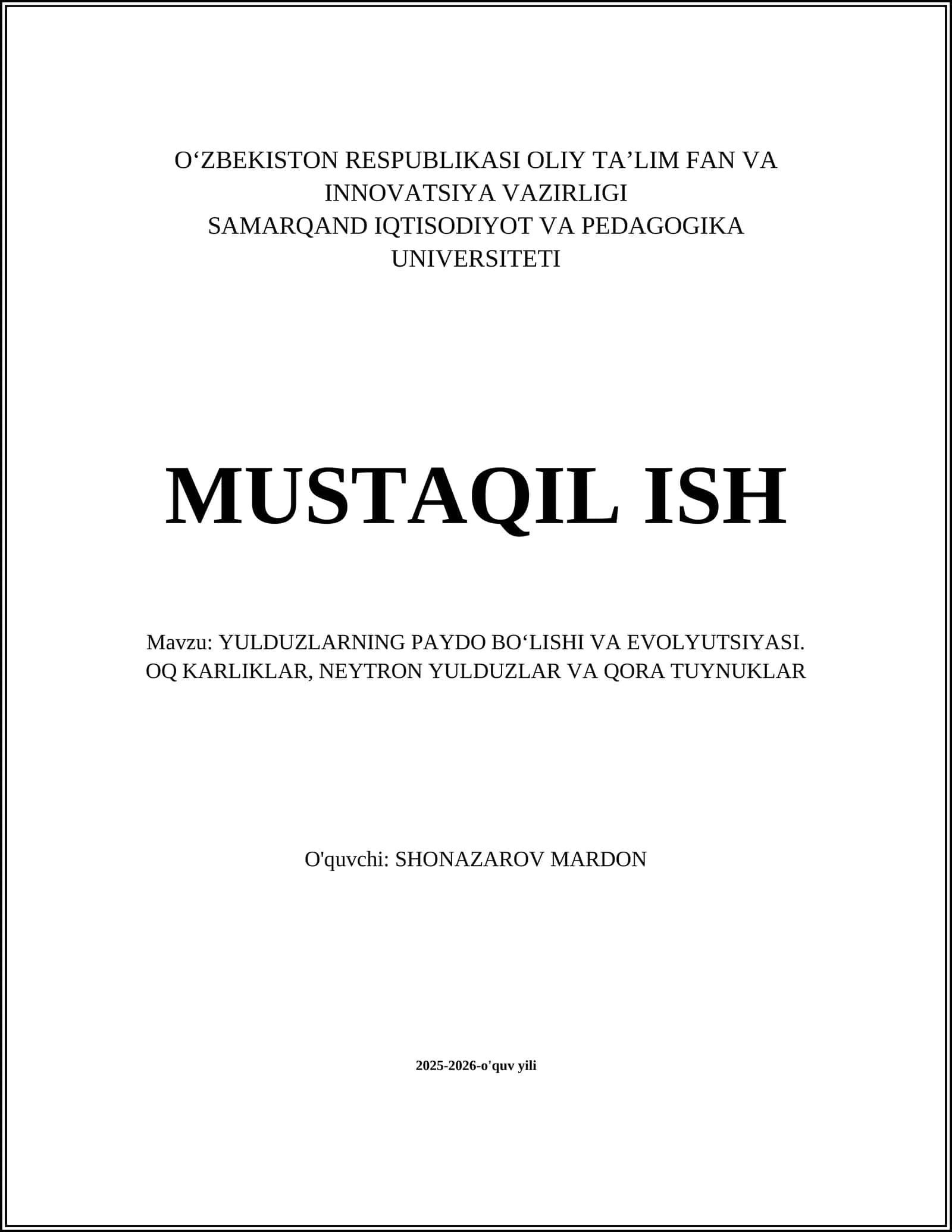 YULDUZLARNING PAYDO BOʻLISHI VA EVOLYUTSIYASI 1