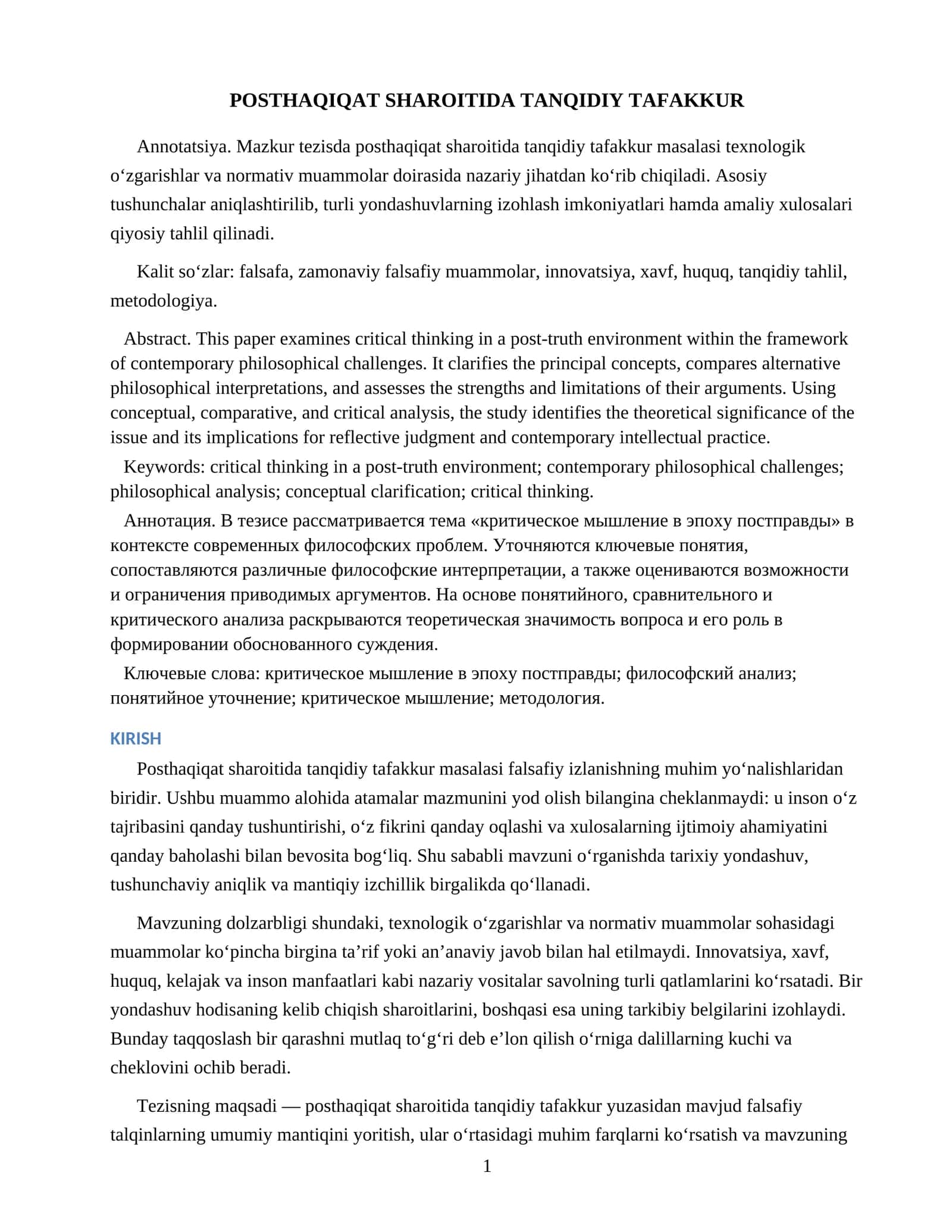 POSTHAQIQAT SHAROITIDA TANQIDIY TAFAKKUR 1