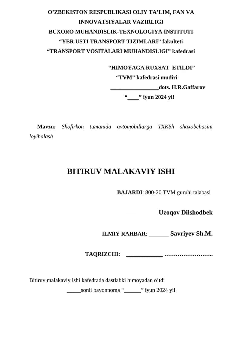 BUXORO MUHANDISLIK-TEXNOLOGIYA INSTITUTI "YER USTI TRANSPORT TIZIMLARI" fakulteti 1