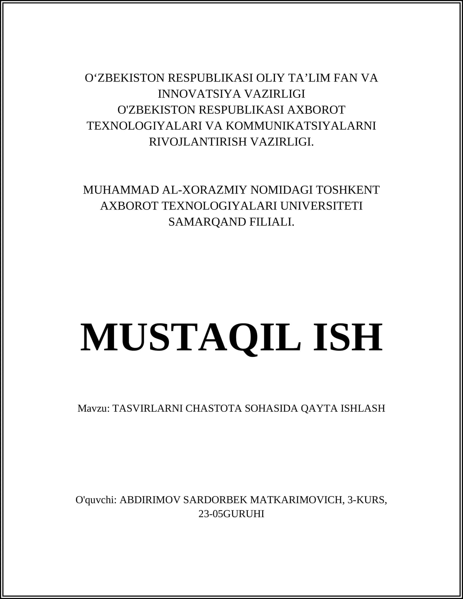 TASVIRLARNI CHASTOTA SOHASIDA QAYTA ISHLASH 1
