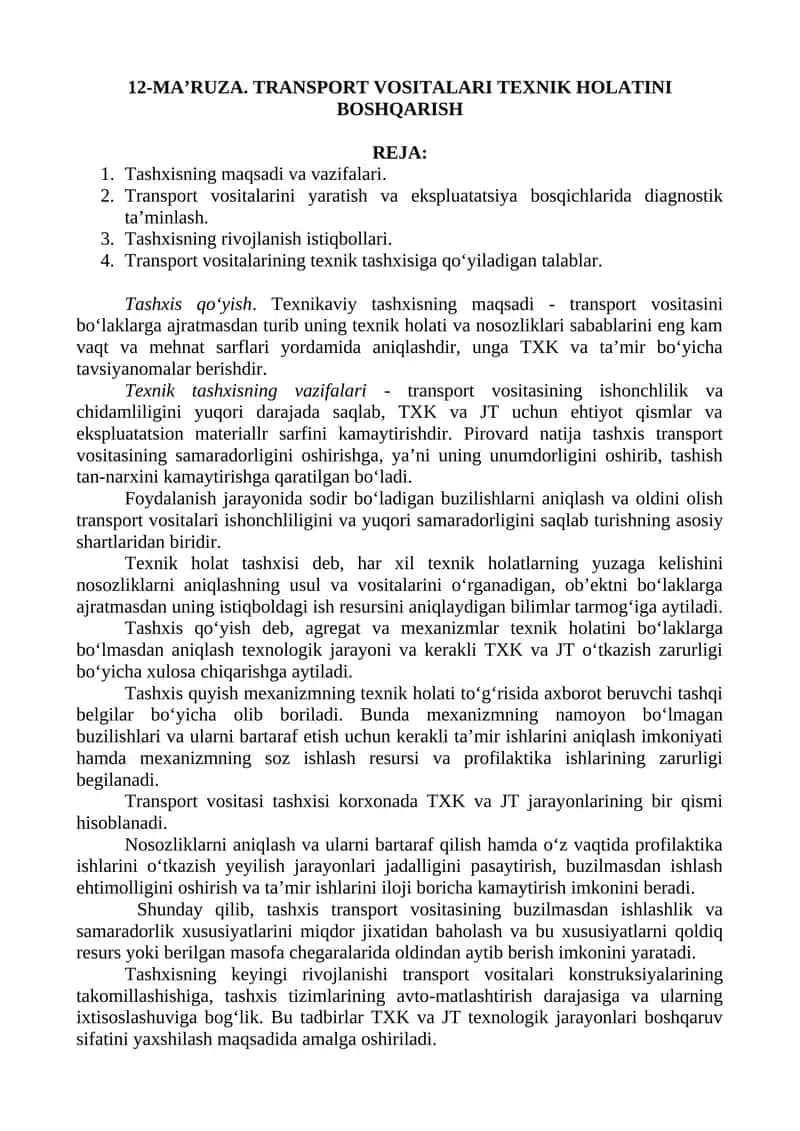 TRANSPORT VOSITALARI TEXNIK HOLATINI BOSHQARISH 1