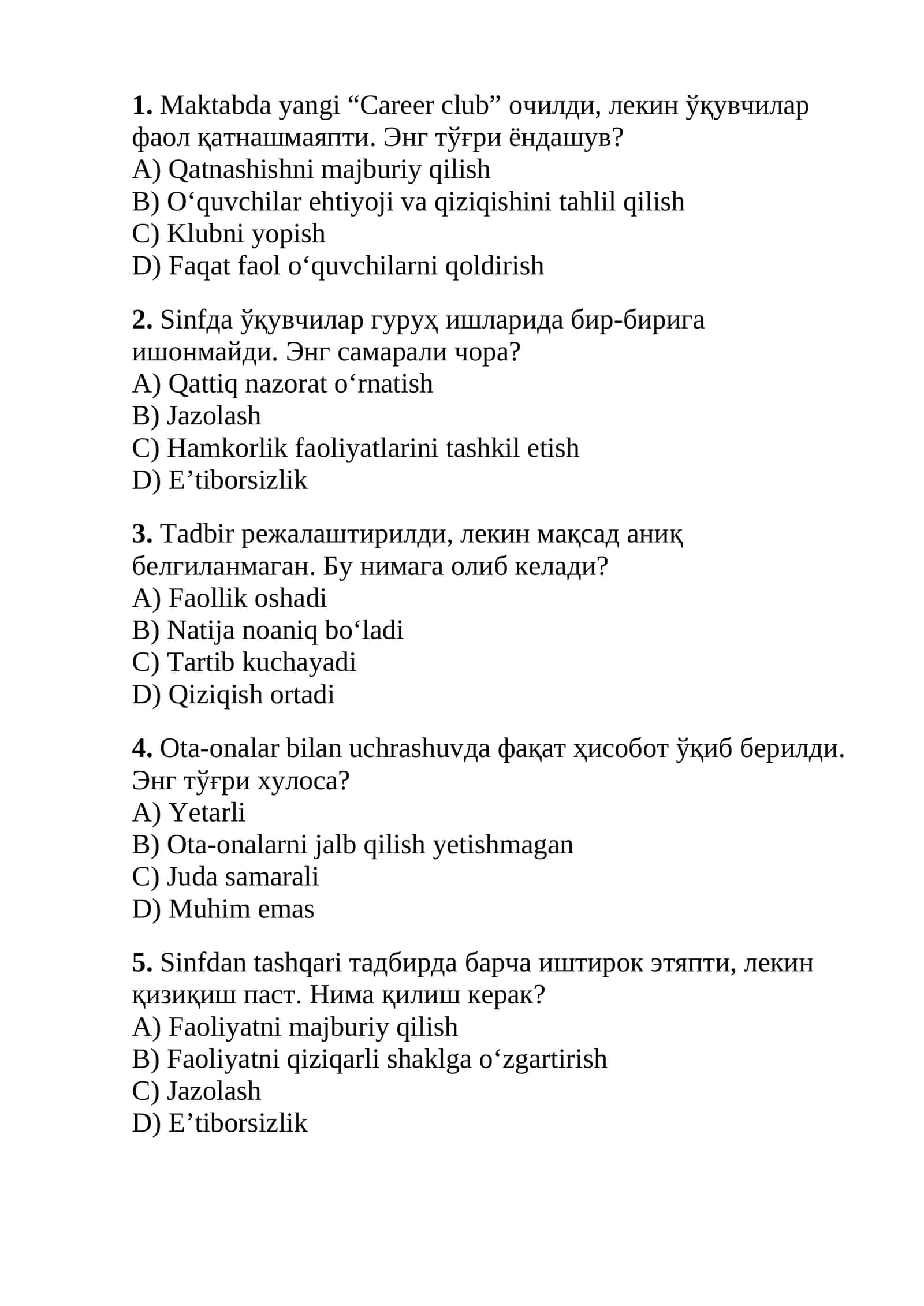 Maktab maslahatchilari uchun testlar to'plami 2026 1