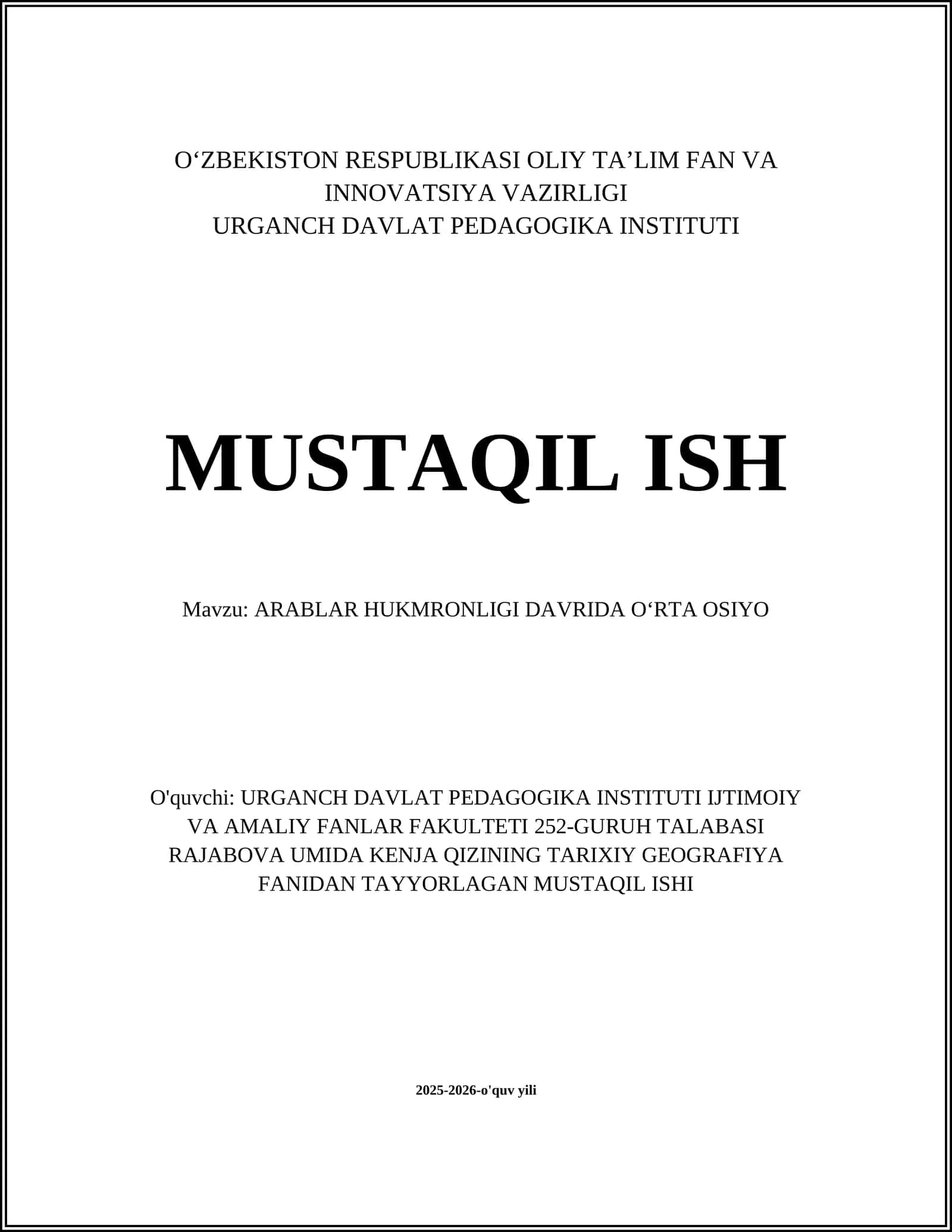 Arablar hukmronligi davrida Oʻrta Osiyo 1