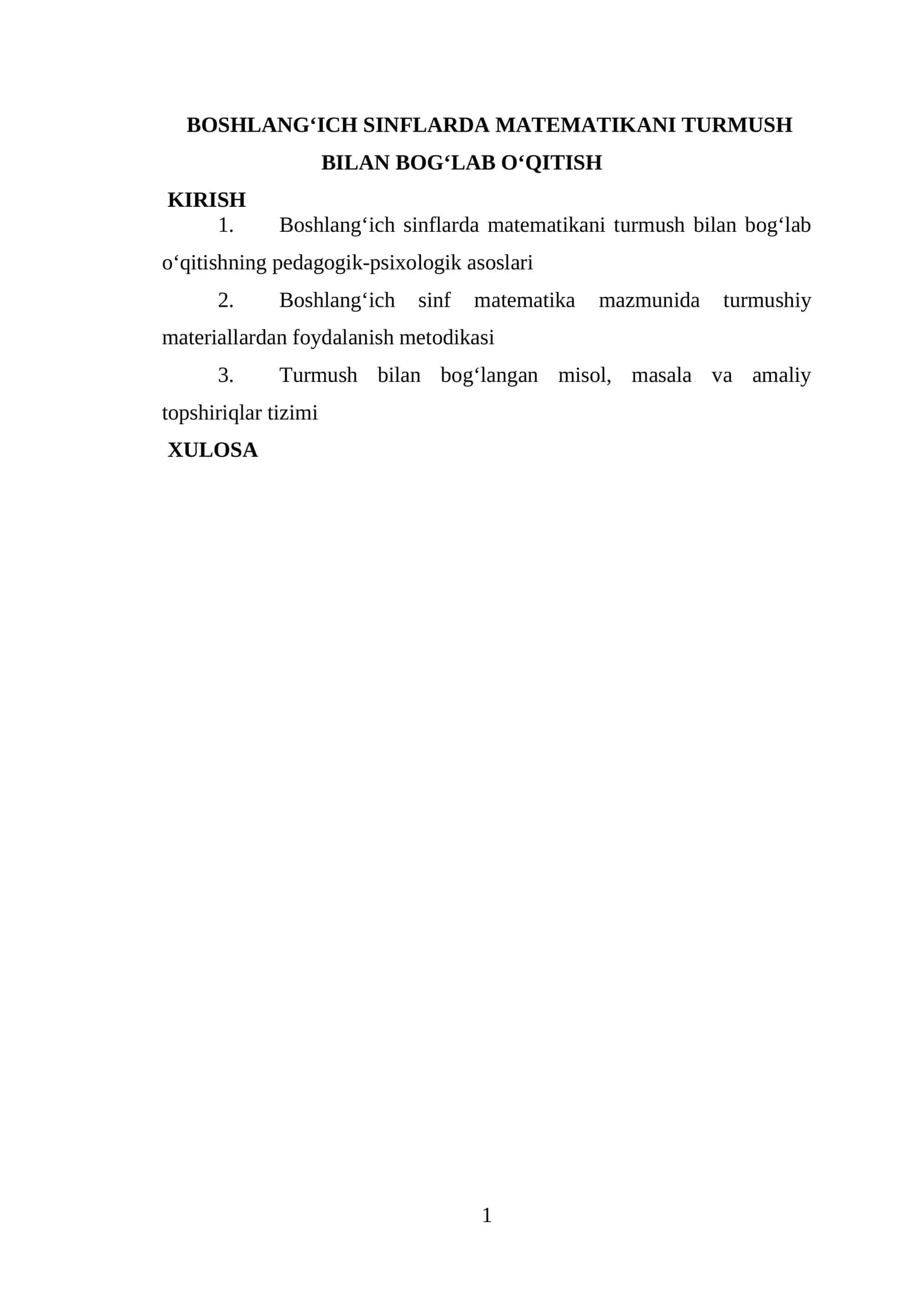 BOSHLANG‘ICH SINFLARDA MATEMATIKANI TURMUSH BILAN BOG‘LAB O‘QITISH 1