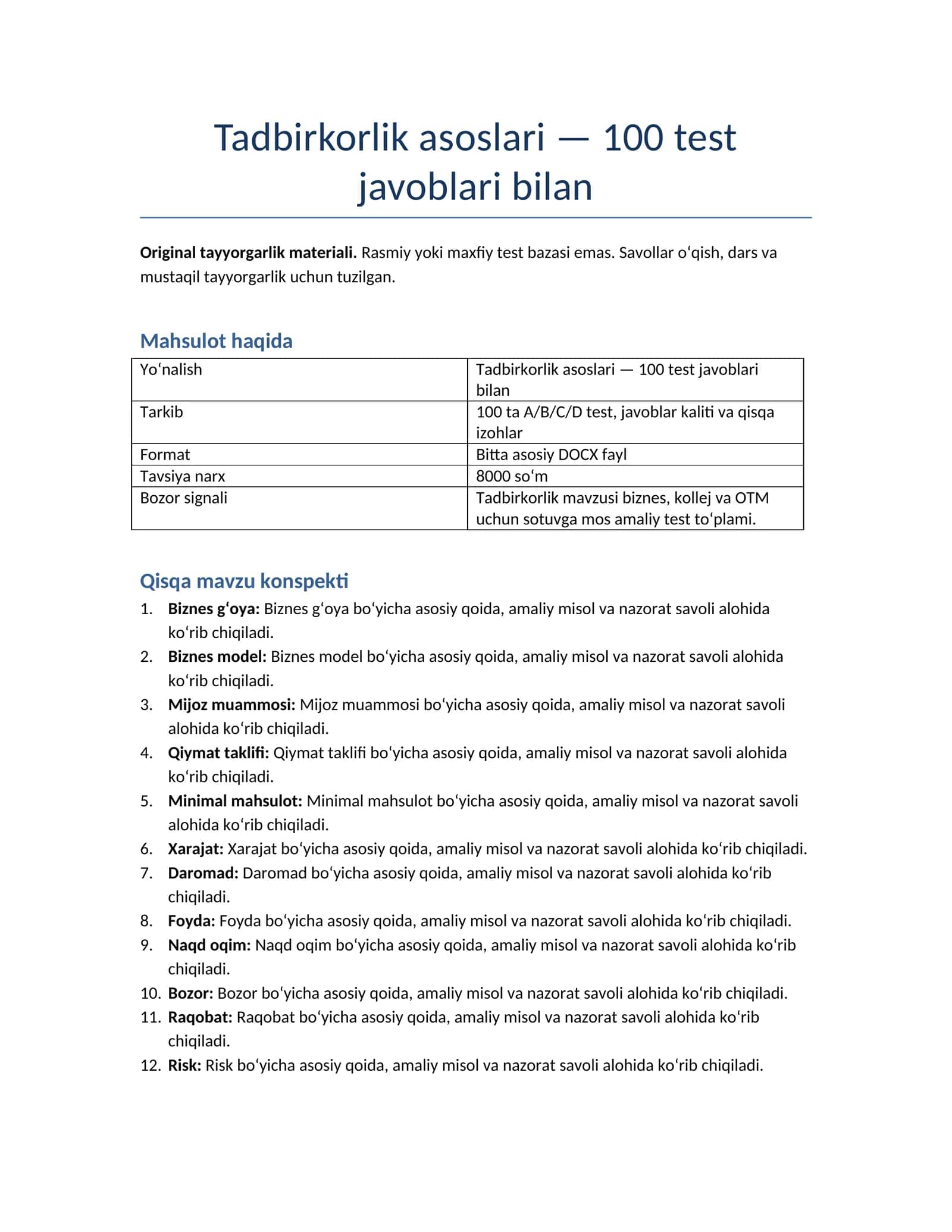 Tadbirkorlik asoslari — 100 test javoblari bilan 1