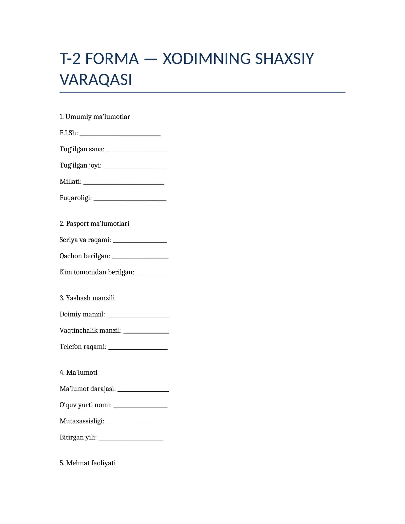 T-2 FORMA — XODIMNING SHAXSIY VARAQASI 1