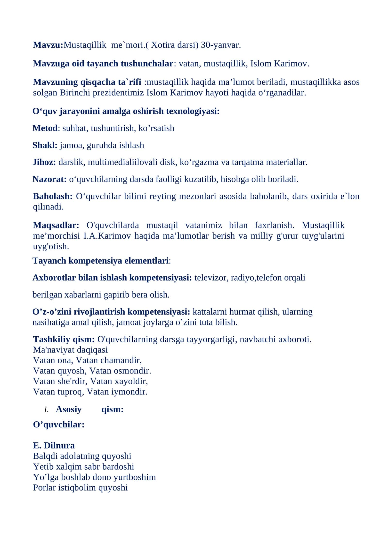 Mustaqillik me`mori.( Xotira darsi) 30-yanvar 1