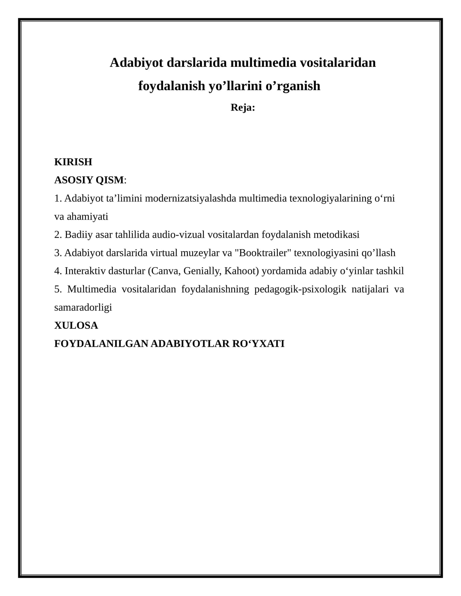 Adabiyot darslarida multimedia vositalaridan foydalanish yo’llarini o’rganish 1