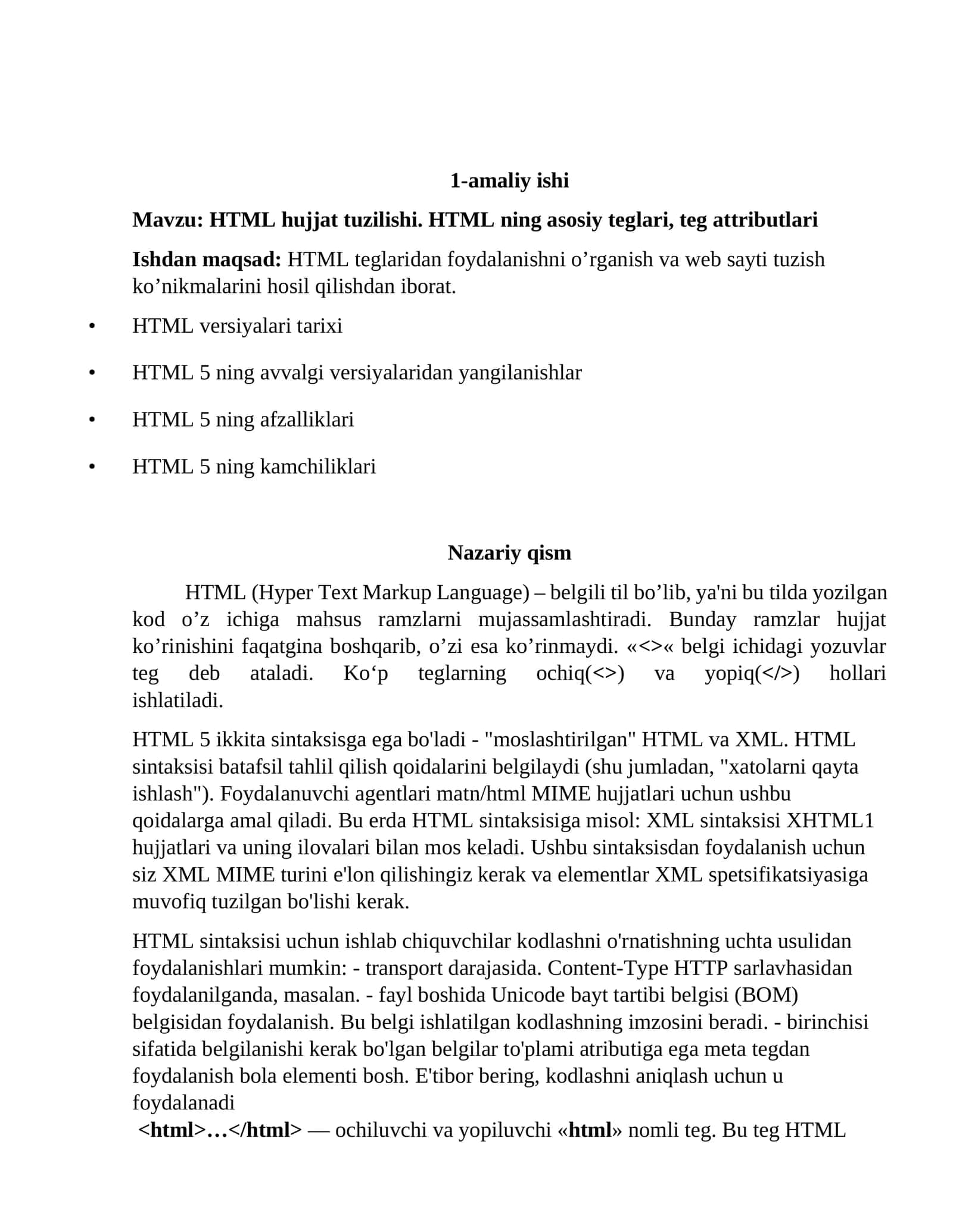 HTML hujjat tuzilishi 1