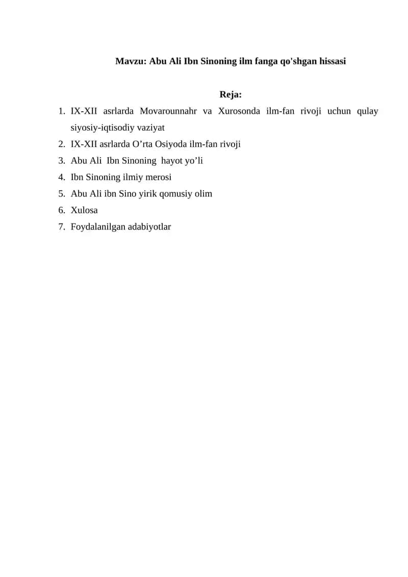 Abu Ali Ibn Sinoning ilm fanga qo'shgan hissasi 1